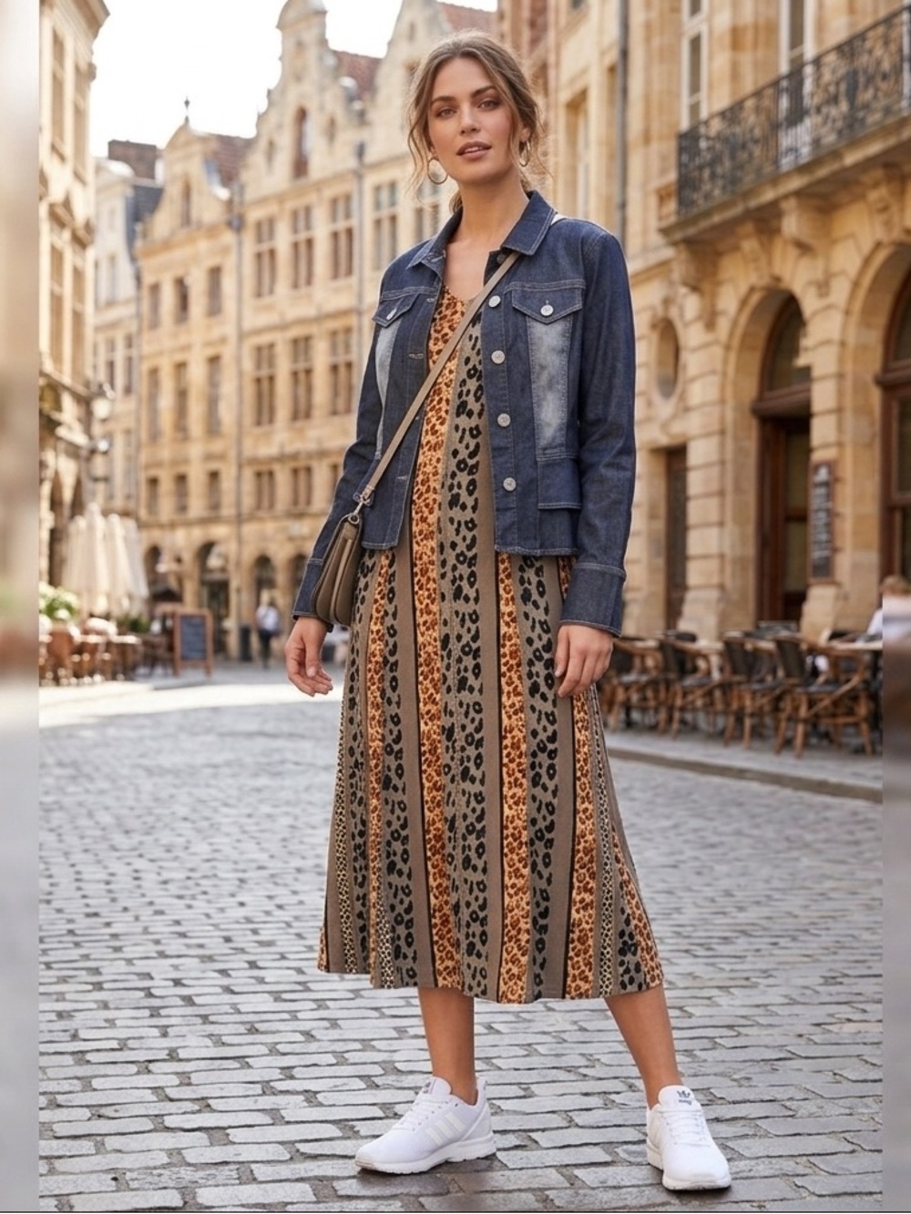 Leopard Stripe Short Sleeve Midi Dress - Taupe & Brown